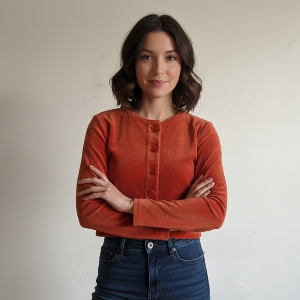 Peachy Den Sz XS Y2K Orange Velvet Cropped Button Front Long Sleeves Cardigan